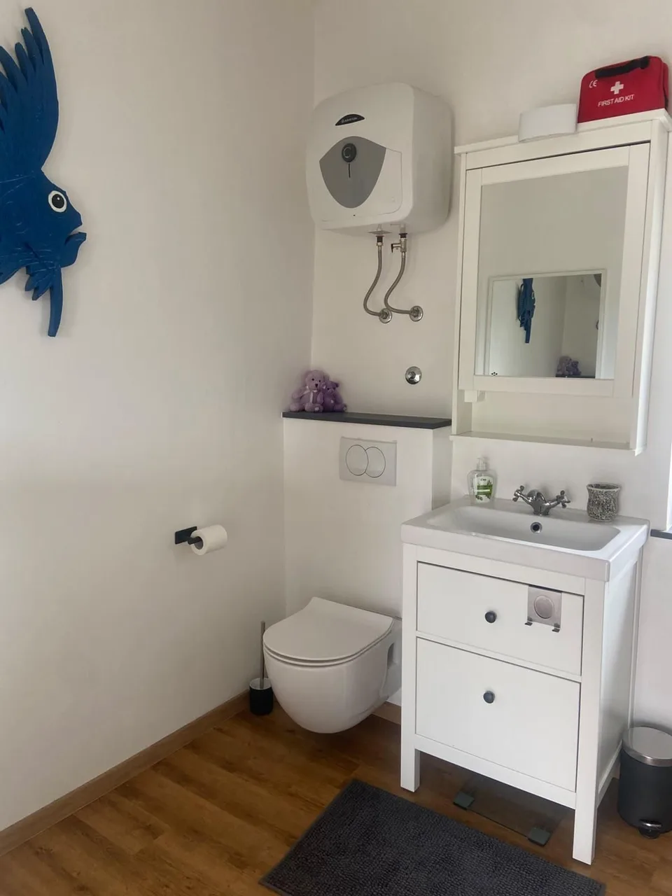 The washbasin and the toilet side by side