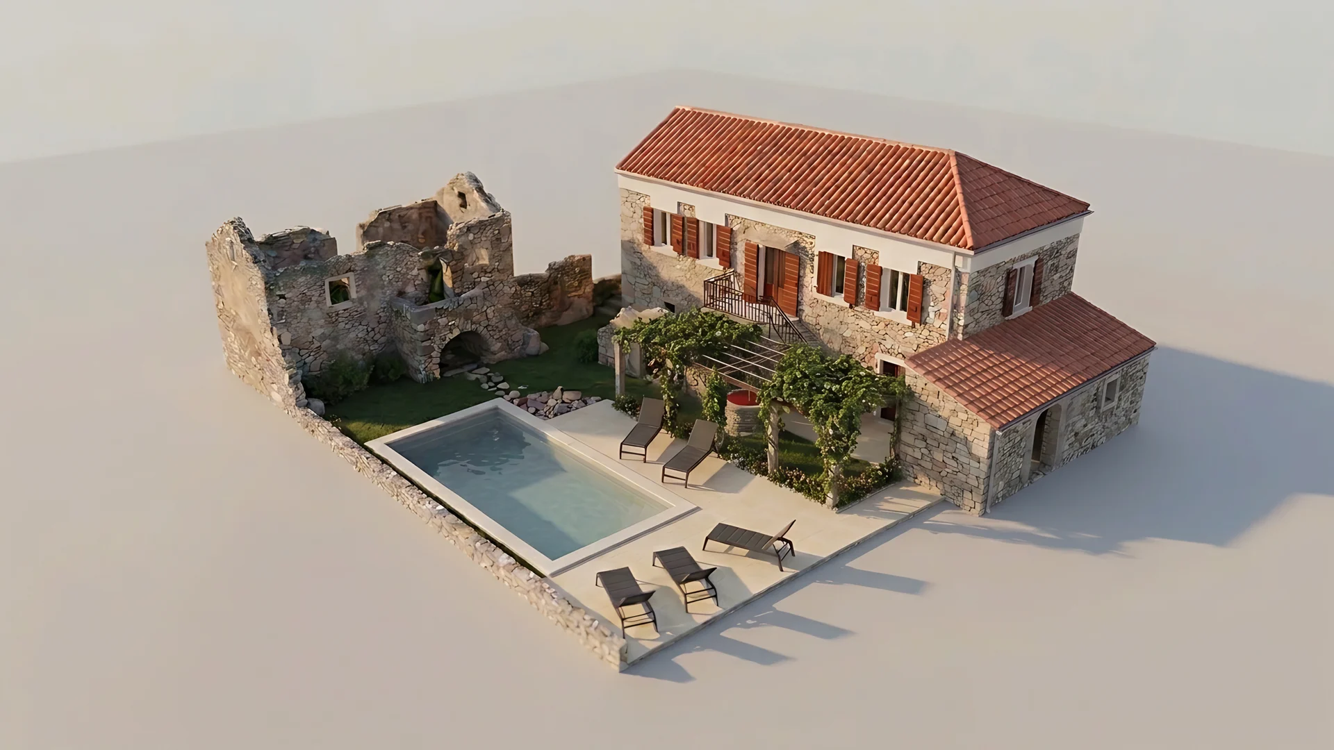 A scale model of MAMBO seen from above: the nineteenth-century ruin on the left, the pool in the walled courtyard, and on the right the stone house with its vine terrace and outside stairs.